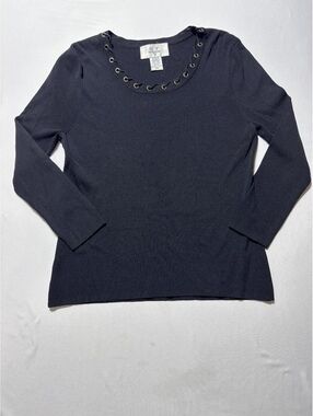 Versailles Black Long Sleeve Knit Top with Eyelet Detail - P